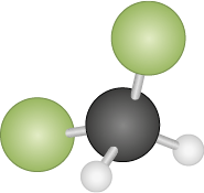 Ilustração de uma estrutura tridimensional composta por uma esfera preta no centro conectada a outras quadro esferas por palitos. À esquerda há uma esfera verde conectada a esfera preta, e à direita, na parte superior há outra esfera verde conectada a esfera preta. Além disso, duas esferas brancas menores estão conectadas à esfera preta por palitos, posicionadas na parte inferior em direções diferentes.