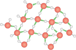 Ilustração de uma estrutura tridimensional composta por quize moléculas, na qual cada uma possui uma esfera vermelha conectada a duas esferas brancas menores por palitos. Entre algumas das esferas vermelhas e brancas de moléculas diferentes há linhas verdes indicando conexões adicionais. As esferas vermelhas estão organizadas em uma rede interligada, com as esferas brancas distribuídas ao redor delas.