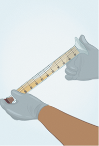 Ilustração mostrando duas mãos com luvas segurando uma proveta de vidro tampada, misturando o líquido amarelado que está dentro dela.