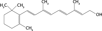 Estrutura química formada por símbolos de elementos químicos e linhas. À esquerda, há um hexágono regular. O vértice superior está ligado a duas linhas, cada uma ligada a um símbolo C seguido de símbolo H índice 3. O lado à direita do hexágono tem uma linha dupla e no vértice inferior desse mesmo lado há uma linha ligada ao grupo C H índice 3. O vértice superior da linha dupla está ligado a uma sequência de dez linhas com 9 vértices, em que a segunda, quarta, sexta e oitava linhas são duplas. O terceiro e sétimo vértices estão ligados, cada um deles, a um grupo C H índice 3 por uma linha simples. E, ao final, a décima linha está ligada ao grupo O H.