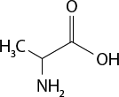 Estrutura química formada por símbolos de elementos químicos e linhas. À esquerda está o grupo H índice 3 C ligado a uma sequência de três linhas formando dois vértices. O primeiro vértice está ligado ao grupo N H índice 2 por uma linha simples; e o segundo vértice está ligado ao elemento O por uma linha dupla. Ao final da terceira linha está o grupo O H.