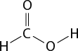 Estrutura química formada por símbolos de elementos químicos e linhas. No centro, há um elemento C ligado a um elemento O por uma linha dupla, acima. À esquerda, o elemento C está ligado a um elemento H por uma linha simples. À direita, o elemento C, está ligado a um elemento O por uma linha simples e, esse elemento O, está ligado a um elemento H por uma linha simples.