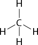 Estrutura química formada por símbolos de elementos químicos e linhas. Há um elemento C ligado a quatro elementos H ao seu redor por linhas simples. Um H está acima de C, outro à esquerda, outro à direita e o último está abaixo de C.