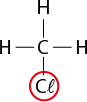 Estrutura química formada por símbolos de elementos químicos e linhas. No centro, há um elemento C conectado a três elementos H por linhas simples. Os elementos H estão localizados, um à esquerda, outro à direita, e outro acima de C. E abaixo, C está conectado ao grupo C l por uma linha simples. Esse grupo C l está destacado.