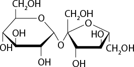 Estrutura química formada por símbolos de elementos químicos e linhas. À esquerda há um hexágono, a qual possui uma linha grossa em seu lado inferior e nos lados adjacentes a ele há um triângulo cheio. Os dois vértices do lado inferior desse hexágono estão ligados a um grupo O H por uma linha simples cada um. O vértice mais à esquerda também está ligado a um grupo O H por uma linha simples. No lado superior do hexágono, no lugar de um vértice está o elemento O, e o outro vértice está ligado por uma linha simples ao grupo C H índice 2 O H. O vértice mais à direita do hexágono está ligado a um elemento O por uma linha simples. Esse elemento O está ligado por uma linha simples ao vértice mais à esquerda de um pentágono. Esse mesmo vértice está ligado ao grupo C H índice 2 O H por uma linha simples. O pentágono possui uma linha grossa em seu lado inferior e nos lados adjacentes a ele há um triângulo cheio. No lado inferior, um vértice está ligado ao grupo O H, e o outro está ligado ao grupo H O, ambos por linhas simples. No lugar no vértice superior desse pentágono há um elemento O, e o vértice mais a direita está ligado ao grupo C H índice 2 O H por uma linha simples.