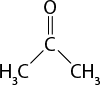 Estrutura química formada por símbolos de elementos químicos e linhas. No centro há um elemento C ligado a duas linhas simples, cada uma ligada a um símbolo C seguido do símbolo H índice 3. O elemento C no centro também está ligado a um elemento O por uma linha dupla.