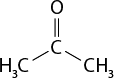 Estrutura química formada por símbolos de elementos químicos e linhas. No centro há um elemento C ligado a duas linhas simples, cada uma ligada a um símbolo C seguido do símbolo H índice 3. O elemento C no centro também está ligado a um elemento O por uma linha dupla.