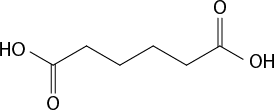 Estrutura química formada por símbolos de elementos químicos e linhas. Da esquerda para a direita: há um grupo H O ligado a uma sequência de 7 linhas formando 6 vértices. O primeiro e sexto vértice estão ligados ao elemento O por uma linha dupla cada um. E ao final da sétima linha está o grupo O H.