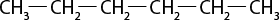 Estrutura química formada por símbolos de elementos químicos e linhas. Da esquerda para direita, há um grupo C H índice 3 ligado a uma sequência de quatro grupos C H índice 2, por linhas simples. O quarto grupo C H índice 2 está ligado ao grupo C H índice 3 por uma linha simples.