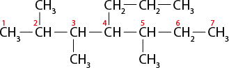 Estrutura química formada por símbolos de elementos químicos e linhas. Dispostos horizontalmente há 7 grupos ligados por linhas simples, e que contém o símbolo C em todos eles, numerados de 1 a 7 da esquerda para direita. O primeiro grupo é C H índice 3; o segundo, terceiro, quarto e quinto grupo é C H; o sexto grupo é C H índice 2; e o sétimo é C H índice 3. Além disso, o segundo, terceiro e quinto grupo, C H estão ligados ao grupo C H índice 3 por uma linha simples, cada um. O quarto grupo C H está ligado ao grupo C H índice 2 por uma linha simples, a qual está ligado a outro grupo C H índice 2 por uma linha simples, que está ligado a um grupo C H índice 3 por uma linha simples.