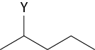 Estrutura química formada por símbolos de elementos químicos e linhas. Há uma sequência de 4 linhas formando 3 vértices, na qual o primeiro vértice está ligado a um elemento Y por uma linha simples.