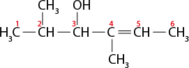 Estrutura química formada por símbolos de elementos químicos e linhas. Dispostos horizontalmente há 6 grupos ligados por linhas simples, e que contém o símbolo C em todos eles, numerados de 1 a 7 da esquerda para direita. O primeiro grupo é H índice 3 C; o segundo e terceiro grupo é C H; o quarto é o elemento C; o quinto grupo é C H; e o sexto grupo é C H índice 3; e o sétimo é C H índice 3. Além disso, o segundo grupo e o quarto, estão ligados ao grupo C H índice 3 por uma linha simples, cada um. E o terceiro grupo está ligado ao grupo O H.