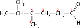 Estrutura química formada por símbolos de elementos químicos e linhas. Na extremidade direita há um elemento C numerado por 1. Ele está ligado por linha dupla a um elemento O acima, e está ligado a um elemento H abaixo por linha simples. Da direita para esquerda, C está ligado com o grupo C H índice 2, por linha simples e com o símbolo C numerado por 2. Esse grupo está ligado a outro grupo C H índice 2 por linha simples e com C numerado por 3. Esse último grupo está ligado por linha simples a um elemento C numerado por 4, e que possui uma ligação abaixo por linha dupla com um grupo C H índice 2, em que C está numerado por 5. O elemento C numerado por 4 também está ligado por linha simples a um grupo C H, que está ligado a dois grupos H índice 3 C por linhas simples.