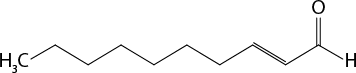 Estrutura química formada por símbolos de elementos químicos e linhas. Há um grupo C H índice 3 ligado a uma sequência de dez linhas formando nove vértices, na qual a oitava linha é dupla; o nono vértice está ligado a um elemento O por linha dupla; e ao final da décima linha está o elemento H.