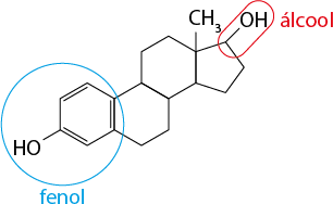 Estrutura química formada por símbolos de elementos químicos e linhas. Há um hexágono regular com linhas duplas alternadas em três de seus lados. O vértice inferior esquerdo está ligado ao grupo H O por uma linha simples. E uma das linhas duplas está no lado direito desse hexágono, a qual tem o lado em comum com um segundo hexágono regular. Acima e à direita há um terceiro hexágono regular com um lado em comum com o segundo. Ao lado do terceiro hexágono há um pentágono regular com um lado em comum entre eles, na qual, o vértice superior desse lado está ligado ao grupo C H índice 3 por uma linha simples. E o vértice superior do pentágono está ligado ao grupo O H por uma linha simples. Há duas indicações na estrutura: o primeiro hexágono junto a ligação com H O está contornado e indicado como fenol; e a ligação do pentágono com O H está contornada e indicada por álcool.