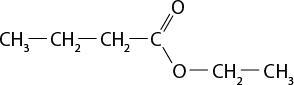 Estrutura química formada por símbolos de elementos químicos e linhas. Da esquerda para direita há um grupo C H índice 3 ligado a um grupo C H índice 2, que se liga a outro C H índice 2, que se liga a um elemento C, todos por linhas simples. Esse elemento C se liga por uma linha dupla a um elemento O na parte superior e por uma linha simples a outro elemento O na parte inferior. Esse O se liga a um grupo C H índice 2, que se liga a um grupo C H índice 3, ambos por linhas simples.