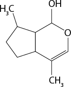 Estrutura química formada por símbolos de elementos químicos e linhas. Há um pentágono regular ao lado de um hexágono regular, com um lado em comum entre eles. O vértice superior do pentágono está ligado ao grupo H índice 3 C por uma linha simples. No hexágono, o vértice superior está ligado ao grupo O H por uma linha simples, e o vértice inferior está ligado ao grupo C H índice 3 por uma linha simples. O lado adjacente à direita do vértice inferior tem uma linha dupla, e no lugar do vértice superior à direita há um elemento O.