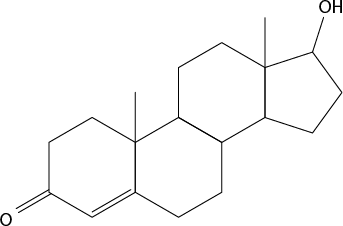 Estrutura química formada por símbolos de elementos químicos e linhas. Há dois hexágonos regulares com um lado em comum entre eles, na qual, o vértice superior desse lado está ligado a uma linha simples, e o lado adjacente ao vértice inferior, no hexágono à esquerda tem uma linha dupla. Nesse mesmo hexágono, o vértice inferior à esquerda está ligado a um elemento O por uma linha dupla. Em seguida, há um terceiro hexágono, a qual possui um lado em comum com o segundo. Ao lado do terceiro hexágono há um pentágono regular com um lado em comum entre eles, na qual, o vértice superior desse lado está ligado a uma linha simples. O vértice superior do pentágono está ligado ao grupo O H por uma linha simples.