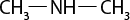 Estrutura química formada por símbolos de elementos químicos e linhas. Há um grupo C H índice 3 ligado a um grupo N H índice 2 que está ligado ao grupo C H índice 3, todos por linhas simples.