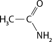 Estrutura química formada por símbolos de elementos químicos e linhas. Da esquerda para direita, há um grupo H índice 3 C ligado por uma linha simples ao elemento C, que está ligado a um elemento O por uma linha dupla acima, e um grupo N H índice 2 por uma linha simples abaixo.