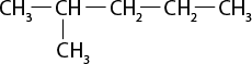 Estrutura química formada por símbolos de elementos químicos e linhas. Da esquerda para a direita há um grupo C H índice 3 ligado a um grupo C H, que está ligado a dois grupos C H índice 2 que por sua vez está ligado a um C H índice 3, todos por linhas simples. O grupo C H também está ligado por uma linha simples abaixo com um grupo C H índice 3.
