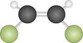 Ilustração de uma estrutura tridimensional composta por esferas conectadas por palitos. No centro há duas esferas pretas conectadas entre si por dois palitos paralelos. Cada esfera preta também está conectada por uma esfera verde na parte inferior, e por uma esfera branca na parte superior.