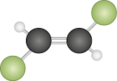 Ilustração de uma estrutura tridimensional composta por esferas conectadas por palitos. No centro há duas esferas pretas conectadas entre si por dois palitos paralelos. A esfera preta à esquerda está conectada a uma esfera verde abaixo e conectada a uma esfera branca menor acima. E a esfera preta à direita está conectada a uma esfera verde acima e conectada a uma esfera branca menor abaixo.