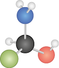 Ilustração de uma estrutura tridimensional composta por esferas conectadas por palitos. No centro há uma esfera preta com quatro esferas de cores diferentes conectadas a ela: uma esfera verde na parte inferior esquerda, uma esfera azul na parte superior à direita, uma esfera vermelha na parte inferior direita e uma esfera branca na parte traseira à esquerda. A esfera azul também está ligada a duas esferas brancas e a esfera vermelha, a uma esfera branca.