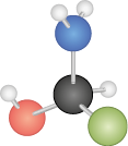Ilustração de uma estrutura tridimensional composta por esferas conectadas por palitos. No centro há uma esfera preta com quatro esferas de cores diferentes conectadas a ela: uma esfera verde na parte inferior direita, uma esfera azul na parte superior, uma esfera vermelha na parte inferior esquerda e uma esfera branca na parte traseira à direita. A esfera azul também está ligada a duas esferas brancas e a esfera vermelha, a uma esfera branca.
