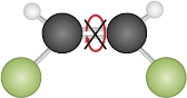 Ilustração de uma estrutura tridimensional composta por esferas conectadas por palitos. No centro há duas esferas pretas conectadas entre si por dois palitos paralelos. Cada esfera preta também está conectada por uma esfera verde na parte inferior, e por uma esfera branca na parte superior. No centro, sobre os palitos paralelos há uma seta com formato giratório em sentido horário e um X.