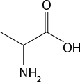 Estrutura química formada por símbolos de elementos químicos e linhas. Há uma sequência de 3 linhas formando 2 vértices, na qual, da esquerda para direita, o primeiro vértice está ligado ao grupo N H índice 2 por uma linha simples abaixo; o segundo vértice está ligado a um elemento O por uma linha dupla acima; e ao final da terceira linha há um grupo O H.