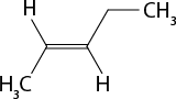 Estrutura química formada por símbolos de elementos químicos e linhas. No centro há uma linha dupla, na horizontal, com dois vértices, um em cada extremidade. O vértice da esquerda está conectado a um grupo H índice 3 C abaixo e a um elemento H acima. O vértice da direita está conectado a outro vértice e a um grupo C H índice 3 acima e a um elemento H abaixo.