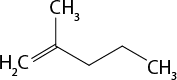 Estrutura química formada por símbolos de elementos químicos e linhas. Na parte superior há um grupo C H índice 3 conectado a uma sequência de quatro linhas formando três vértices, na qual o primeiro vértice está ligado ao grupo H índice 2 C por uma linha dupla, e ao final da quarta linha está um grupo C H índice 3.