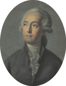 Pintura de um homem visto de busto, com cabelo branco penteado para trás. Ele está olhando para o lado e usa roupa escura, com gola alta branca e com babados.