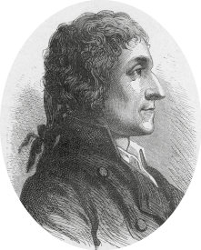 Retrato em preto e branco de perfil de um homem com cabelos cacheados, presos na parte de trás com um laço. Ele usa roupa escura com colarinho alto e botões.