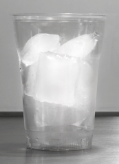 Fotografia de um copo plástico transparente contendo cubos de gelo empilhados.