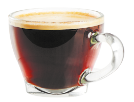 Fotografia de uma xícara de vidro contendo café escuro e um pouco transparente. A bebida possui uma camada de espuma clara na superfície.