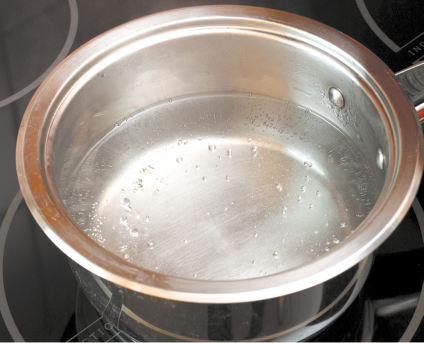 Fotografia de uma panela metálica contendo água aquecida sobre uma superfície de aquecimento. A água tem poucas bolhas visíveis no fundo e nas laterais da panela, e são pequenas.