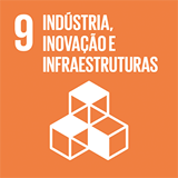 Ilustração de um quadrado laranja escrito: 9 Indústria, inovação e infraestruturas. E abaixo, uma ilustração cubos empilhados.