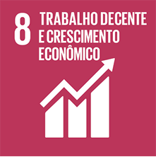 Ilustração de um quadrado vermelho escrito: 8 trabalho decente. E abaixo, um ícone com barras e uma seta assemelhando a um gráfico.