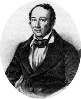 Gravura em preto e branco de um homem com cabelo curto, com mechas levemente onduladas. Ele usa gravata borboleta e um paletó escuro de gola larga e com botões na parte inferior.