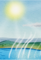 Ilustração de uma paisagem com um corpo de água na parte inferior de onde linhas brancas ascendentes. Acima, no céu, está o sol brilhando intensamente.