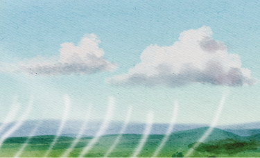 Ilustração de uma paisagem com colinas verdes na parte inferior e um céu azul claro na parte superior. No centro, há duas nuvens brancas separadas e há linhas brancas ascendentes partindo do solo em direção as nuvens.