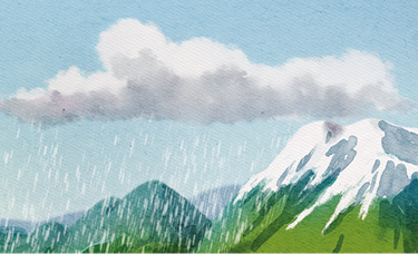 Ilustração de uma paisagem com montanhas na parte inferior. À direita, há uma montanha com o topo coberto de neve. À esquerda, uma nuvem cinza está posicionada acima de outra montanha verde, com chuva caindo da nuvem. O céu ao fundo é azul claro.