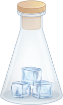 Ilustração de um frasco de vidro transparente com formato cônico, fechado com uma tampa na parte superior. No interior do frasco, há três cubos de gelo.