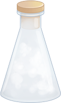 Ilustração de um frasco de vidro transparente com formato cônico, fechado com uma tampa na parte superior. O frasco contém um líquido branco turvo que preenche parcialmente o recipiente, apresentando algumas áreas de maior concentração.