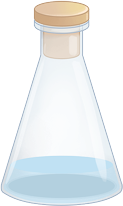 Ilustração de um frasco de vidro transparente com formato cônico, fechado com uma tampa na parte superior. O frasco contém um líquido azul claro preenchendo cerca de um quarto de sua capacidade total.