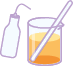 Ilustração de um béquer contendo um líquido de cor alaranjada. Dentro do béquer, há uma haste de vidro e ao lado, encontra-se um frasco branco com um tubo direcionado para o béquer.
