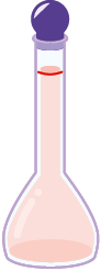 Ilustração de um balão volumétrico preenchido com uma solução de coloração rosa-clara. O balão possui um gargalo estreito com uma tampa no topo. A solução está preenchida até a marca vermelha localizada no gargalo.
