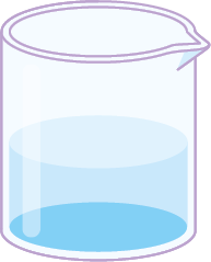 Ilustração de um béquer transparente contendo um líquido azul claro até aproximadamente a metade do seu volume total.
